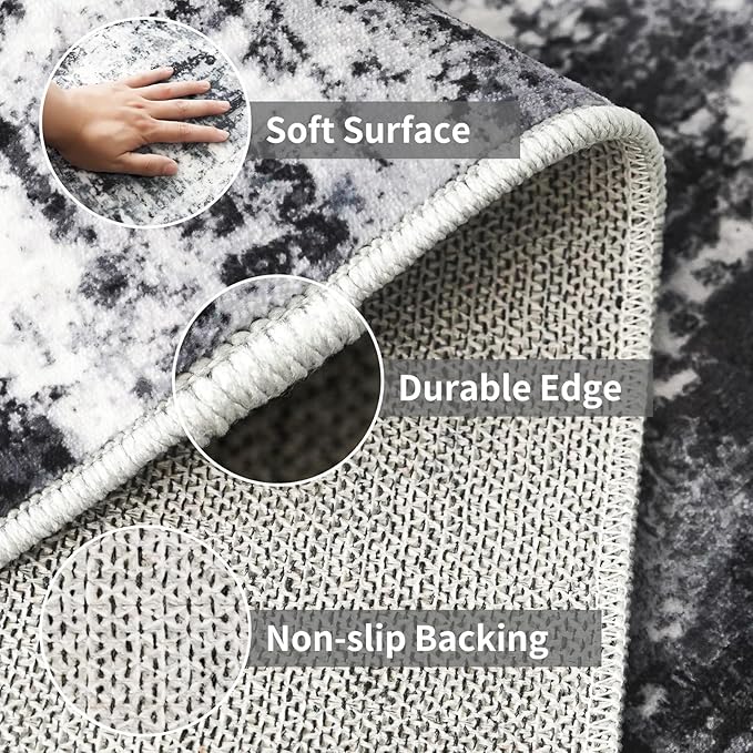 2x6 Washable Runner Rugs for Hallway: Easy-to-Clean Abstract Runners for Entryway Bedroom - Stain and Water Resistant Rugs with Non-Slip Backing - Soft Low-Pile Carpet Black Grey