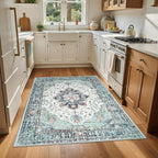 Area Rugs 4'x6' Washable Non-Slip, Floral Vintage Distress Print Pattern Medallion Carpet for Living Room Bedroom Dining Room, Green Navy Blue White Red Teal Colorful