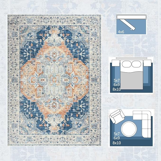 Area Rugs 4x6, Low Pile Washable Rugs, Soft Vintage Distressed Rugs for Bedroom, Living Room, Dining Room, Water Repellent, Non Shedding, Blue and Orange