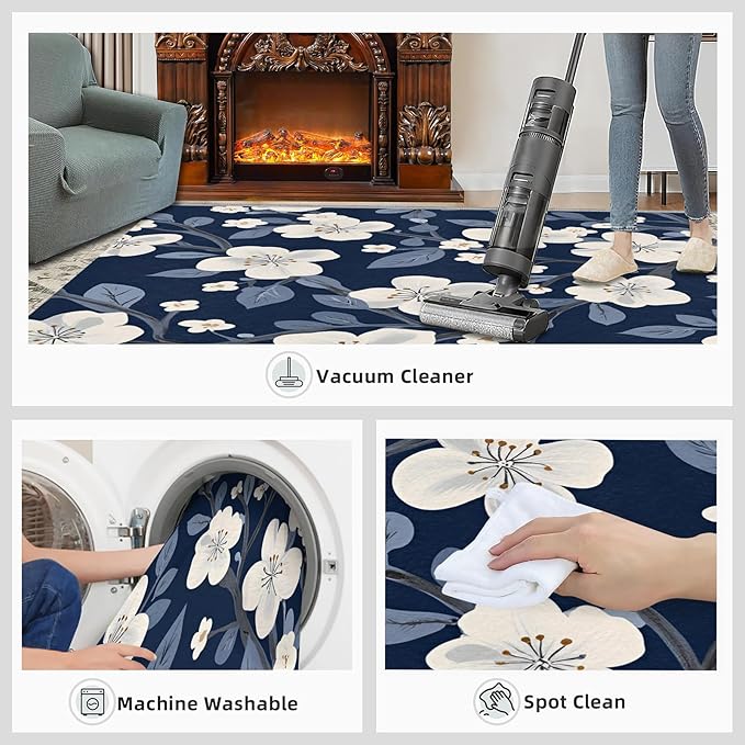 Boho Rugs for Bedroom - 3x4 Area Rug - Blue White Flowers Rugs for Living Room, Vintage Modern Flowers Rug, Washable Home Decor Carpet