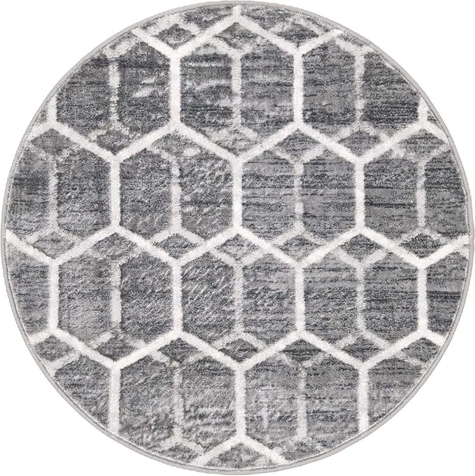 Rugs.com Lattice Trellis Collection Rug – 3 Ft Round Gray Low-Pile Rug Perfect for Kitchens, Dining Rooms