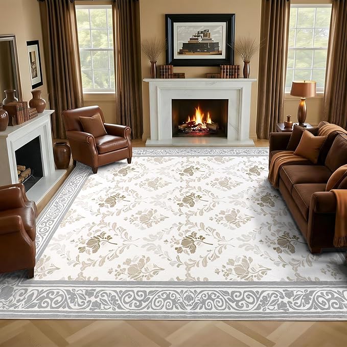 SOULFUL Medium Pile 4x6 Rugs for Living Room - Soft Underfoot Area Rug - Light Taupe Boho Floral - Washable Non-Slip - Perfect for Bedroom Kids Room Under Dining Table Office