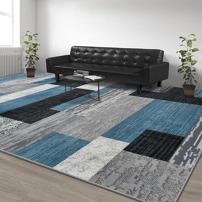 Large Area Rugs,Modern Geometric Patchwork Floor Decor for Bedroom Aesthetic Carpet, Rockwood Collection, Indoor Rugs for Living Room, Dining Room, Nursery, Office, Machine Washable Rug,4x6 Ft Blue