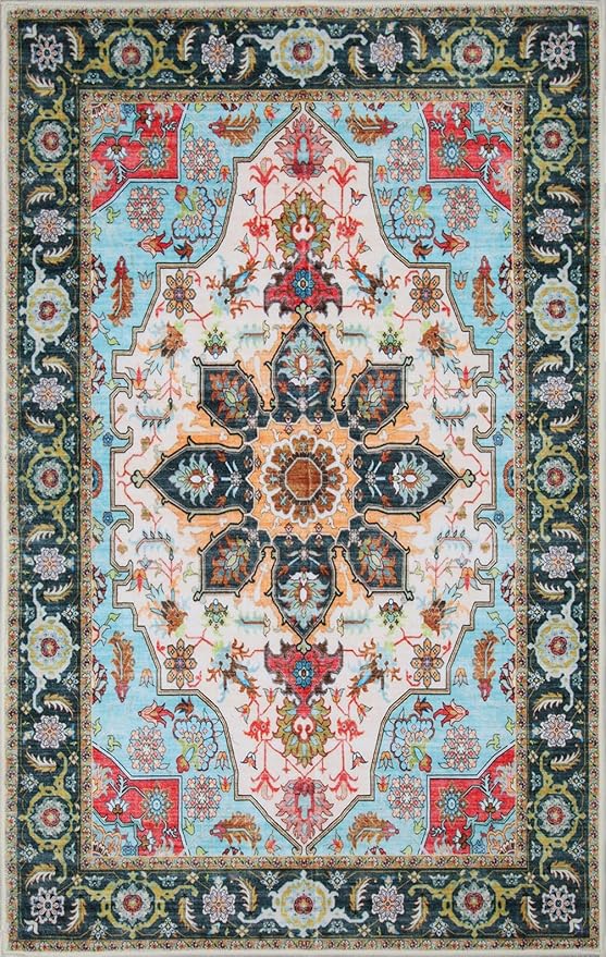WILLSUN Washable Area Rugs, 4x6 Non-Slip Boho Large Area Rugs for Living Room, Bedroom, Machine Washable Vintage Rug, Indoor Floral Print Carpet for Home Decor, Kid & Pet Friendly Mat