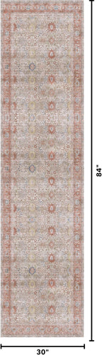 Kuden 2'6"x7' Runner Rug, Machine Washable Area Rug with Non-Slip Backing, Vintage Style, Soft, Easy Clean, Low Pile Rug for Hallway, Entryway, Kitchen, Bedroom