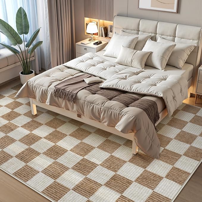 LIVEBOX 8x10 Area Rugs for Living Room, Checkered Non-Slip Washable Rugs, Farmhouse Neutral Classic Geometric Pattern Large Boys Area Rug for Bedroom, Carpet for Dining Room Office(Brown,8'x10')