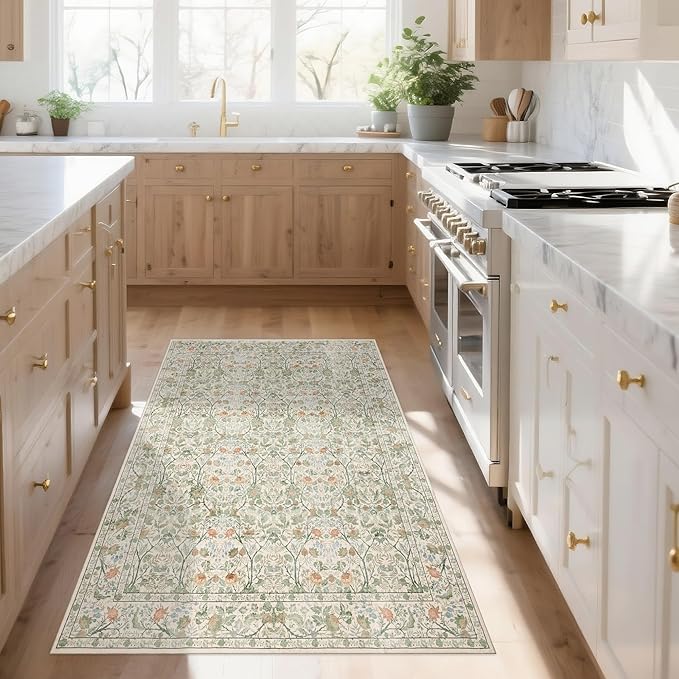 Washable Living Room Rug: 3x5 Boho Floral Soft Area Rug for Bedroom Decor - Vintage Low Pile Thin Carpet for Dining Room Non-Slip - Farmhouse Stain Resistant Rugs - Beige Green