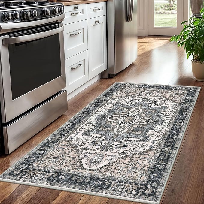 KOZYFLY Boho Area Rug 3x5 Ft Rugs for Entryway Washable Entry Rug Non Slip Door Mat Indoor Entrance Printed Faux Wool Throw Rugs for Entrance Kitchen Living Room, Black/Taupe/Beige