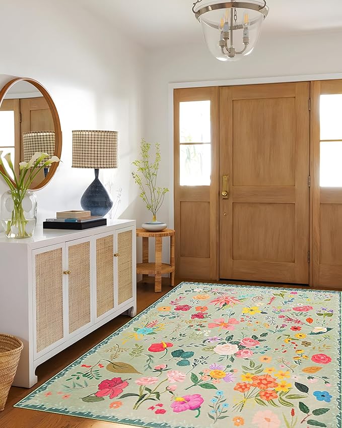Boho Washable Area Rug 6x9 for Living Room, Bedroom, Office, Playroom, Kitchen or Dining Room, Soft Floral Carpet for Indoor Use, Easy Care Non-Slip Design (Green)