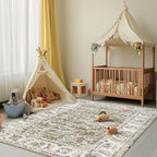 jinchan Fiora Washable Area Rug 4x6 Ultra-Thin Low Pile Non Slip Stain Resistant Soft Faux Wool Floral Rug Distressed Boho Vintage Carpet for Bedroom, Living Room, Kitchen, Nursery(Taupe, 4' x 6')