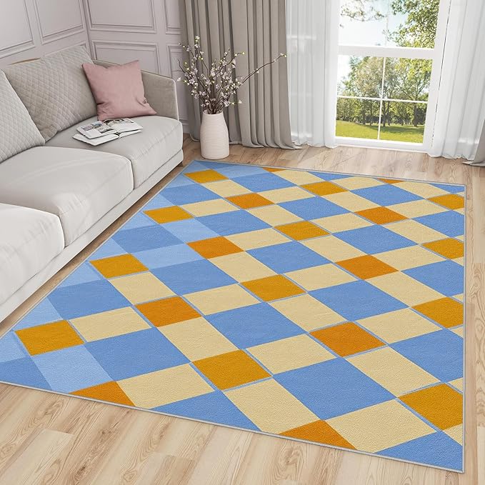 Checkerboard Large Area Rug 8x10 - Retro Geometric Rugs for Living Room Non Slip Low Pile Machine Washable Dining Room Rug, Checkerboard Carpet Home Decor & Gifts
