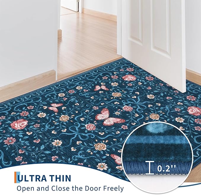 GarveeHome 2x3 Floral Area Rug Non Slip Entryway Mat Low Pile Stain Resistant Butterfly Kitchen Rugs Soft Small Throw Carpet for Dining Room Bedroom Washable Bow Rugs for Living Room Bathroom, 2x3