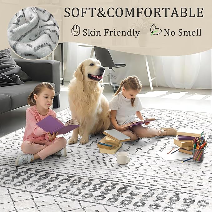 2x3 Machine Washable Area Rug for Entryway, Grey White Vintage Moroccan Rug Non-Slip Low Pile Soft Faux Wool Small Carpet, Kids and Pets Friendly for Bedroom Kitchen Hallway Home Decor Rug
