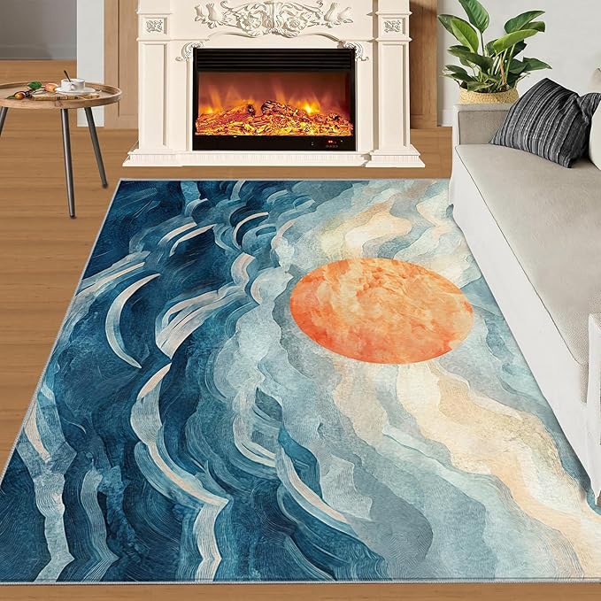 Boho Sun Area Rugs 6x9ft, Mosaic Sunburst Fluffie Rugs for Living Room, Abstraction Deco Nursery Rug with Under Rug Non Slip Tape for Bedroom Kids Room