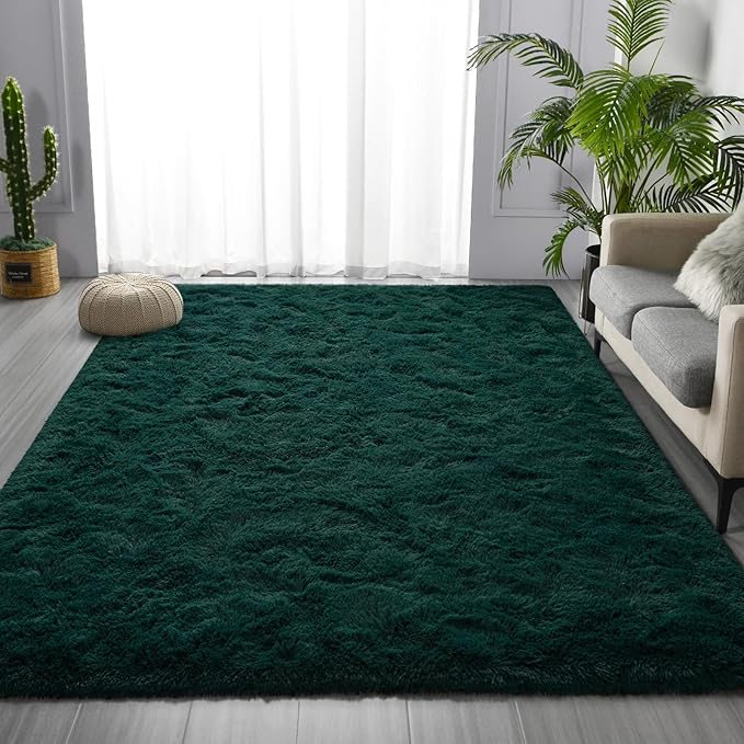 Soft Deep Green Area Rug Shaggy Rugs Fluffy Carpets for Living Room Bedroom Girls Room Nursery Home Decor, 4 X 6 Dark Green Tie-Dyed Plush Fuzzy Rugs, Shag Indoor Floor Bedside Rug
