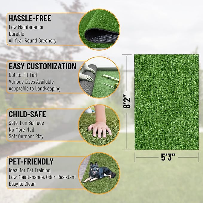 Ottomanson Artificial Grass Turf 5'3" x 8'2" Indoor Outdoor Faux Grass Rug with Drainage Holes, Customizable with Extra Long Size Options, Perfect for Patio Lawn Balcony Weddings Photoshoot Backdrop