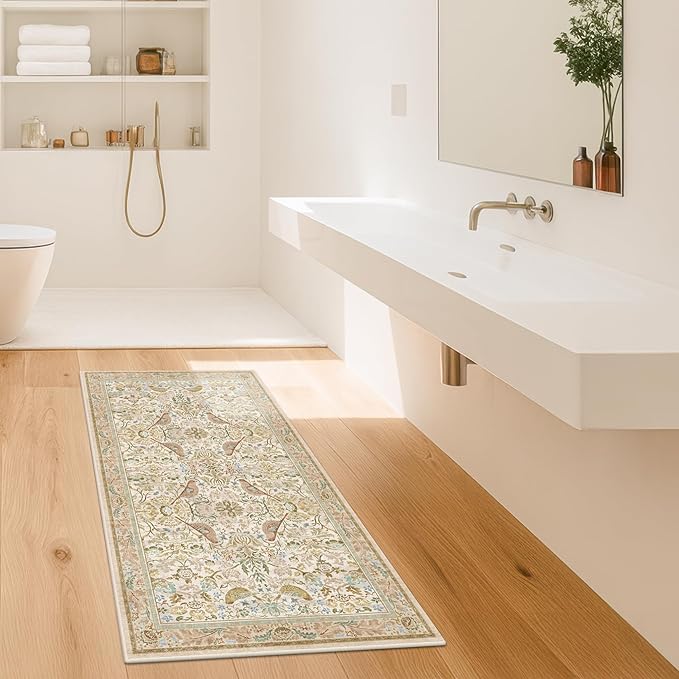 Beige Small Throw Rug for Entryway 2x4 Washable Non Slip - Soft Low Pile Boho Bathroom Rugs for Kitchen, Powder Room - Unique Farmhouse Bird & Pattern Botanical Decorative Door Mats