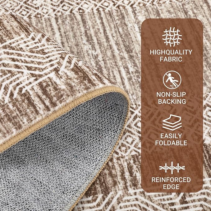 GarveeHome 6x9 Large Washable Area Rug Modern Bordered Rug Distressed Geometric Floor Carpet, Soft Non Slip Low Pile Non Shedding Rug, Indoor Brown for Bedroom, Living Room