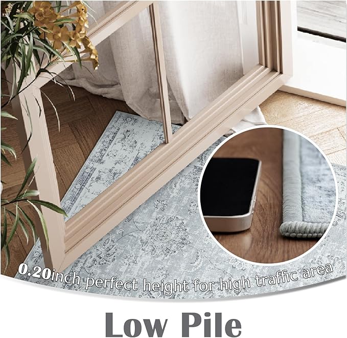 jinchan Fiora Hallway Runner Rug 3x8 Washable Runner - Vintage Floral Non Slip Low-Pile Soft Thin Faux Wool Kitchen Rug Distressed Carpet for Farmhouse Bedroom Laundry Room(3x8ft, Grey)