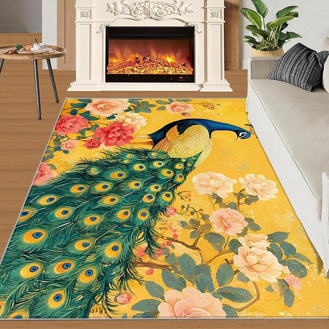 Classic Peacock Rug Small - 2x3 Rug, Peacock Peony Flower Washable Rugs for Living Room, Yellow Teal Turquoise Carpet, Non-Slip Area Rugs for Bedroom, Aesthetics Carpet - Peafowl Home Decor & Gifts