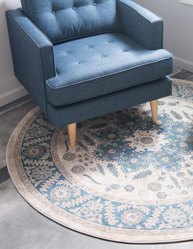 Unique Loom Salzburg Collection Classic Traditional Design Oriental Inspired Border Area Rug (4' 0 x 4' 0 Round, Beige/Blue)