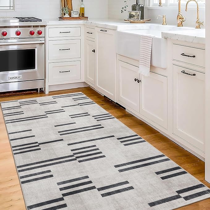 ReaLife Rugs Machine Washable Area Rug Runner - Living Room Bedroom Bathroom Kitchen Entryway Office -Non-Slip Baking Low Pile Stain Resistant Premium - Modern Geometric Loki-Beige & Black 2'6" x 6'