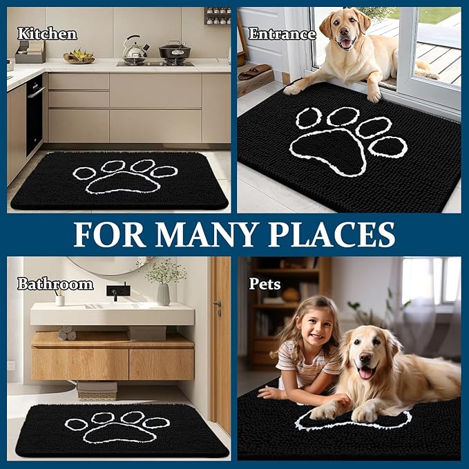 OLANLY Dog Door Mat for Muddy Paws 47x24, Paw Print Design, Absorbs Moisture and Dirt, Absorbent Non-Slip Washable Doormat, Quick Dry Chenille Mud Mat for Dogs, Entry Indoor Entryway Carpet, Black