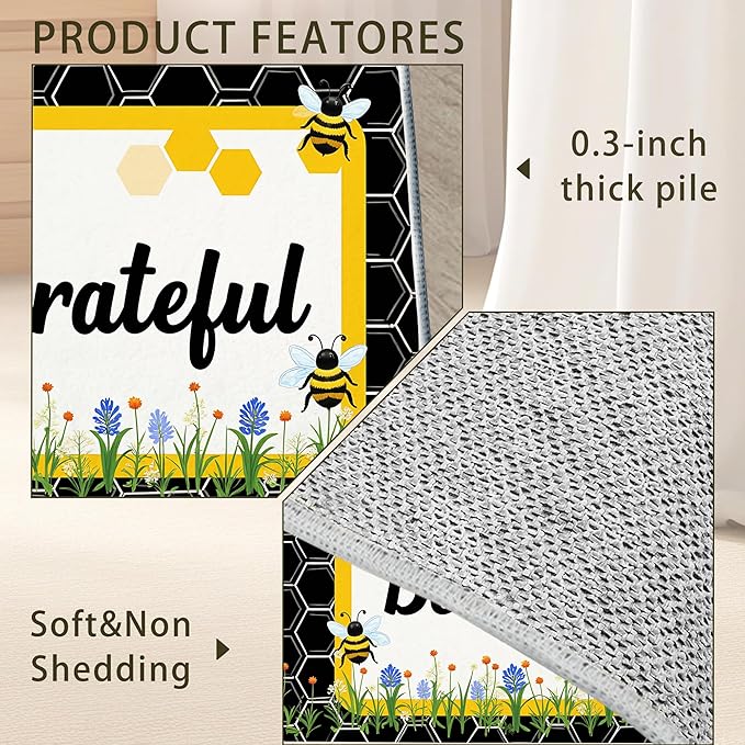 Bee Grateful Rug for Living Room 5x7, Low Pile Non-Slip Backing, Machine Washable Easy Fold Rug for Home, Office, Dorm Room
