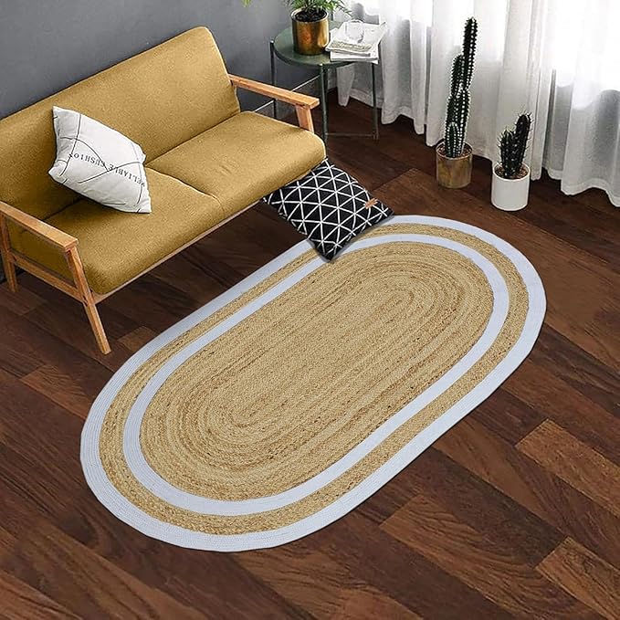 Oval Runner 4x12 Kilim Jute Runner Natural Oval Thick 0.27" Solid Design Beige White Hand Braided Jute Flatweave Mat Handmade Boho Indoor Outdoor Rugs for Hallway Enterway Staircases Corridor