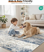 Art&Tuft Washable Rugs 8x10, Area Rugs for Living Room - Non Slip and Low Pile Soft Thin Abstract 8x10 Rug for Bedroom, Dining Room, Kitchen, Office, Blue