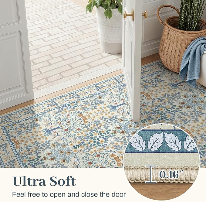 8x10 Area Rugs Living Room Rug - Floral Vintage Forest Washable Carpet, Low Pile Non-Slip Stain Resistance Boho Soft Large Carpet for Bedroom, Dining Room, Office, Farmhouse (8'x10' Blue/Orange)