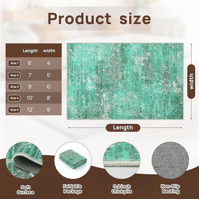 Abstract Green 5x7 Area Rug, Modern Teal Throw Rugs for Living Room, Washable Soft Large Non-Slip Accent Carpet Floor Mat for Dining Room Office Bedroom - Turquoise
