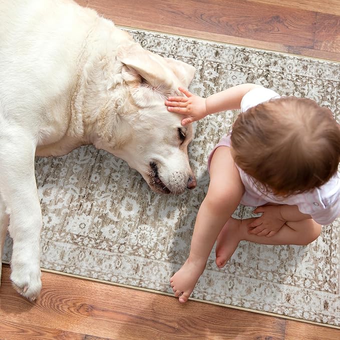 Vintage 4x6 Living Room Washable Rug, Beige Tan White Non-Slip Soft Bedroom Area Rug Thin Printed Faux Wool Floor Super Soft Carpet Throw Rugs for Nursery Playroom Dining Room Indoor Office