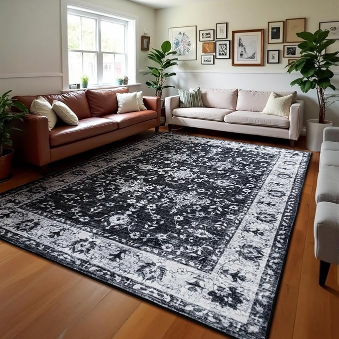 Area Rug for Living Room, 8x10 Machine Washable Non Slip Large Faux Wool Throw Rug, 0.3″ Low Pile & Non-Shedding Boho Large Carpet Rugs for for Dining Room, Bedroom, Office (Black White)