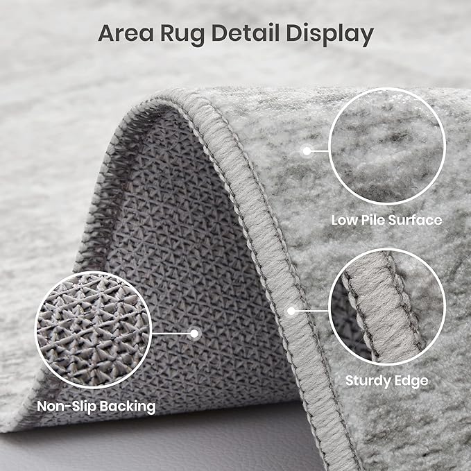 Valenrug Washable Rugs - Stain Resistant Area Rugs 9x12 Living Room, Non Slip Backing Printed Rugs for Bedroom, Folable Machine Washable Area Rug (Grey, 9'x12')
