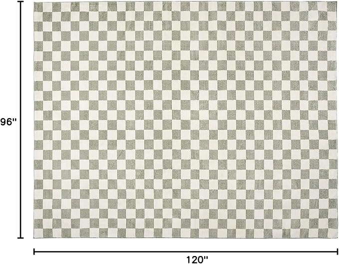 Revival Rugs Gambit 7'10"x10' Checkered Rug Washable Area Rug for Living Room Bedroom - 100% Recycled Oeko-TEX Certified, Medium Pile, Green, Beige