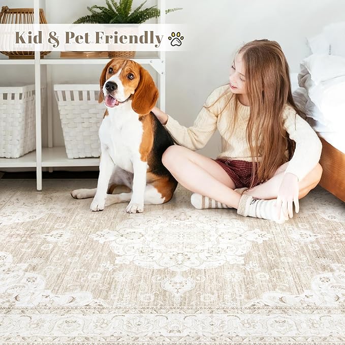 Vintage Living Room Area Rug - 8x10 Large Machine Washable Boho Moroccan Rug Distressed Farmhouse Rugs for Bedroom - Soft Non-Slip Indoor Carpet for Dining Room Office Nursery(Boho Beige, 8'x10')