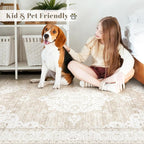 Vintage Living Room Area Rug - 8x10 Large Machine Washable Boho Moroccan Rug Distressed Farmhouse Rugs for Bedroom - Soft Non-Slip Indoor Carpet for Dining Room Office Nursery(Boho Beige, 8'x10')