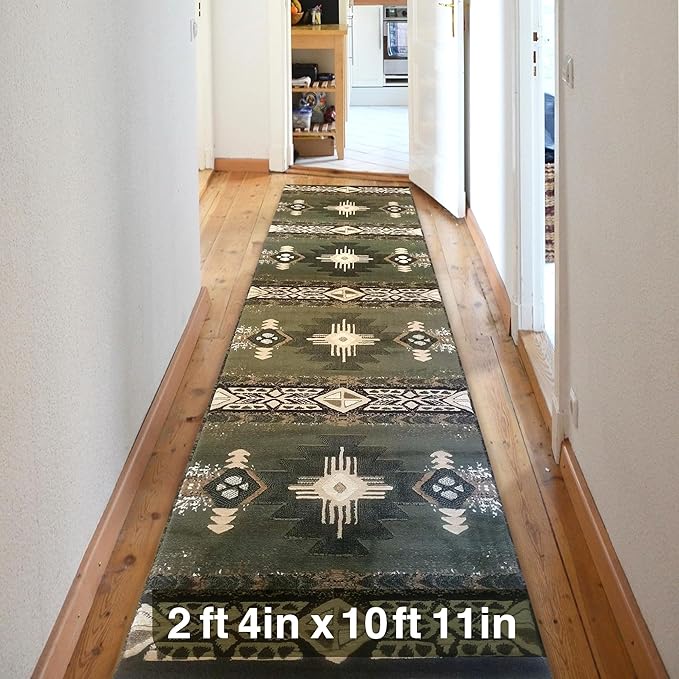YHSF South West Native American Area Rug C318 - Easy Clean, Thick, Soft, Durable Native Tribal American Indian Inspired Rug for Bedroom/Living Room and More - Sage Green, 2 ft 4 in x 10 ft 11 in