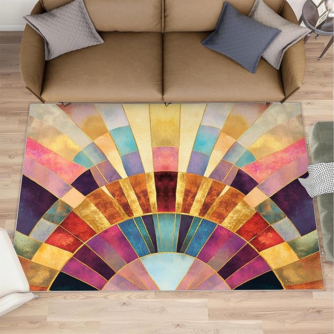Chromatic Geometric Runner Rugs 2x4ft, Abstraction Deco Small Entryway Mats, Mosaic Sunburst Laundry Room Rug Non Slip Durable Throw Rugs for Front Door Bedroom Bedside