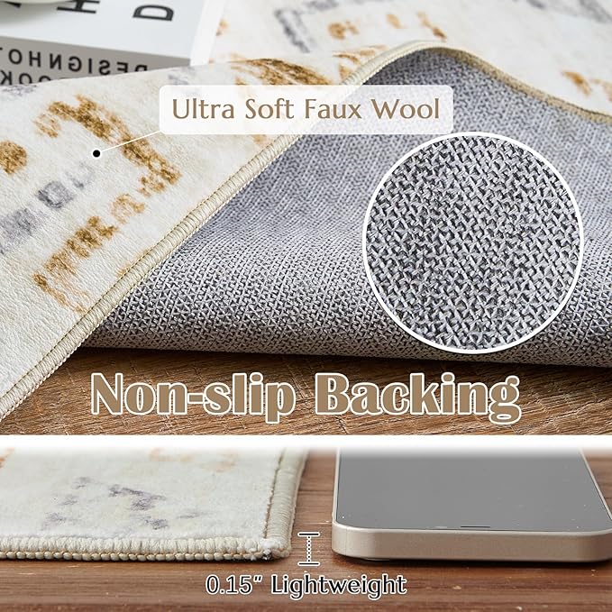 jinchan Boho 8x10 Neutral Area Rugs for Living Room - Machine Washable Moroccan Soft Throw Rug Bohemian Diamond Design Non-Slip Large Carpet for Bedroom Kitchen Dining Room Nursery (8‘x10', Tan/Grey)