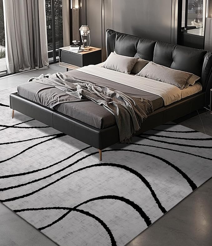 YIHOUSE Modern Rugs 6x9, Washable Black and White Area Rug, Thin Abstract Geometric Minimalist Striped Rug, White Rugs for Living Room,Bedroom,Kitchen,Dining Room,Office