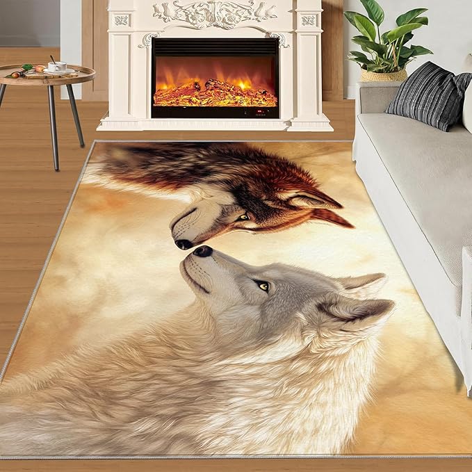 Wolf Rugs for Bedroom - 4x5 Area Rug - 3D Wolf Rugs for Living Room, Misty Forest Rug, Non-Slip Washable Home Decor Carpet