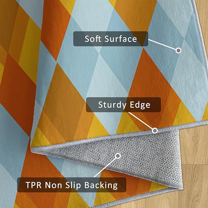 Washable 5x6 Diamond Rug Living Room, Geometric Orange and Blue Plaid Design Area Rugs for Bedroom, Diamond Home Decor Carpet, Low Pile, Non Slip, Kids & Pet Friendly (N4141)