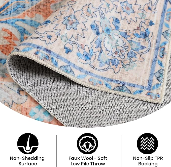 Area Rug for Living Room, 8x10 Machine Washable Non Slip Large Faux Wool Throw Rug, 0.3″ Low Pile & Non-Shedding Boho Large Carpet Rugs for for Dining Room, Bedroom, Office (Blue)