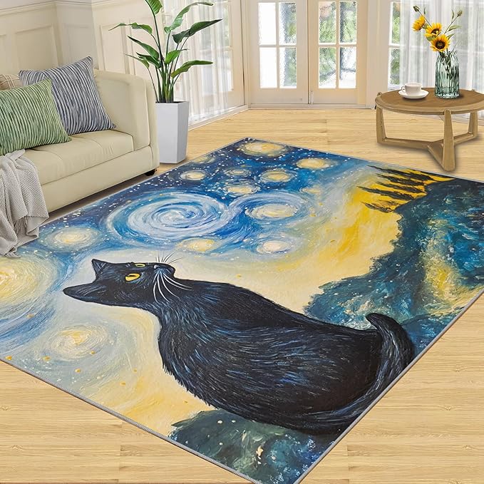 Black Cat Rugs for Bedroom - 3x5 Area Rug - Starry Sky Countryside Rugs for Living Room, Vintage Oil Painting Art Rug, Washable Home Decor Carpet