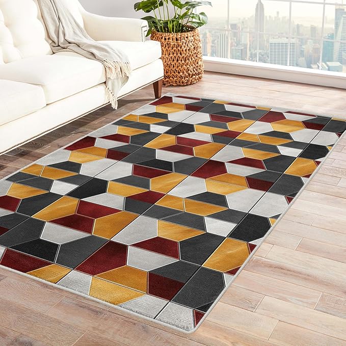 Modern Hexagon Rug, 7x10 Rug, Geometric Pattern Rugs for Living Room Bedroom, Modern Large Area Rug, Washable Rug Non Slip Soft Indoor Carpet, Modern Hexagon Home & Room Decor
