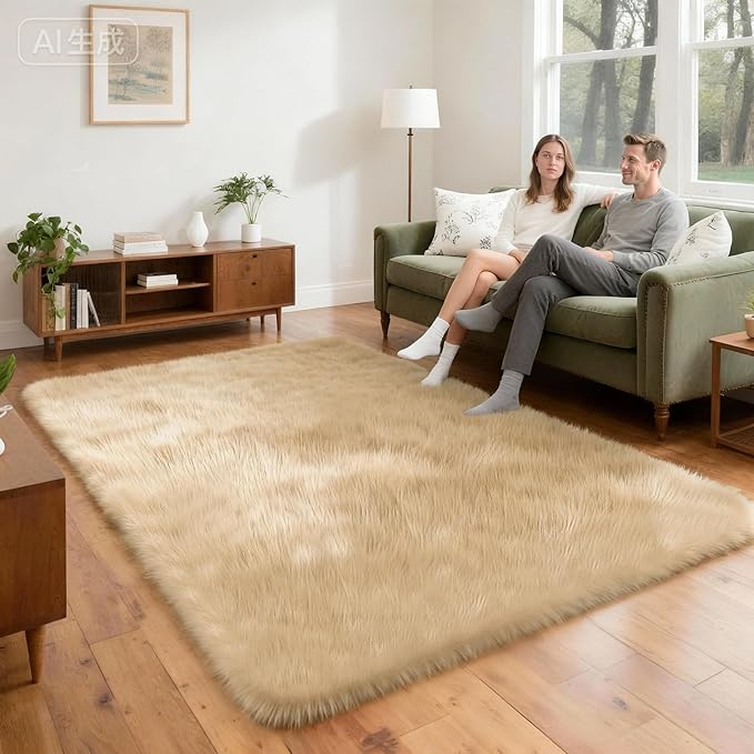 4x6 Solid Fluffy Camel Area Rug – Washable, Durable, Living Room Rug, Non-Slip High Pile Shag Rugs for Bedroom, Living Room, Bedside, Dorms, Nursery Rooms, Kids Room, Soft Indoor Floor Carpet