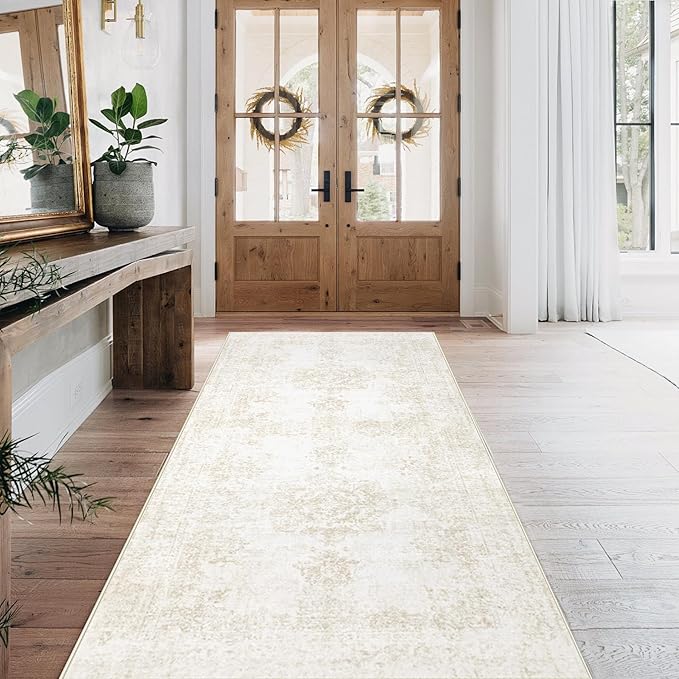 Runner Rug 2x6 Entryway Rug - Machine Washable Vintage Boho Area Rug Non-Slip Kitchen Runner Soft Stain Resistant Runners for Hallways Entryway Laundry Kitchen Bathroom Bedroom(Ivory, 2'x6')