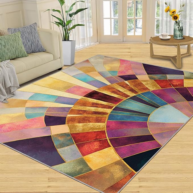 Chromatic Geometric Area Rugs 4x6ft, Abstraction Deco Carpet for Bedroom, Mosaic Sunburst Rug for Living Room Easy to Clean for Indoor Outdoor Hardwood Floors Home Decor